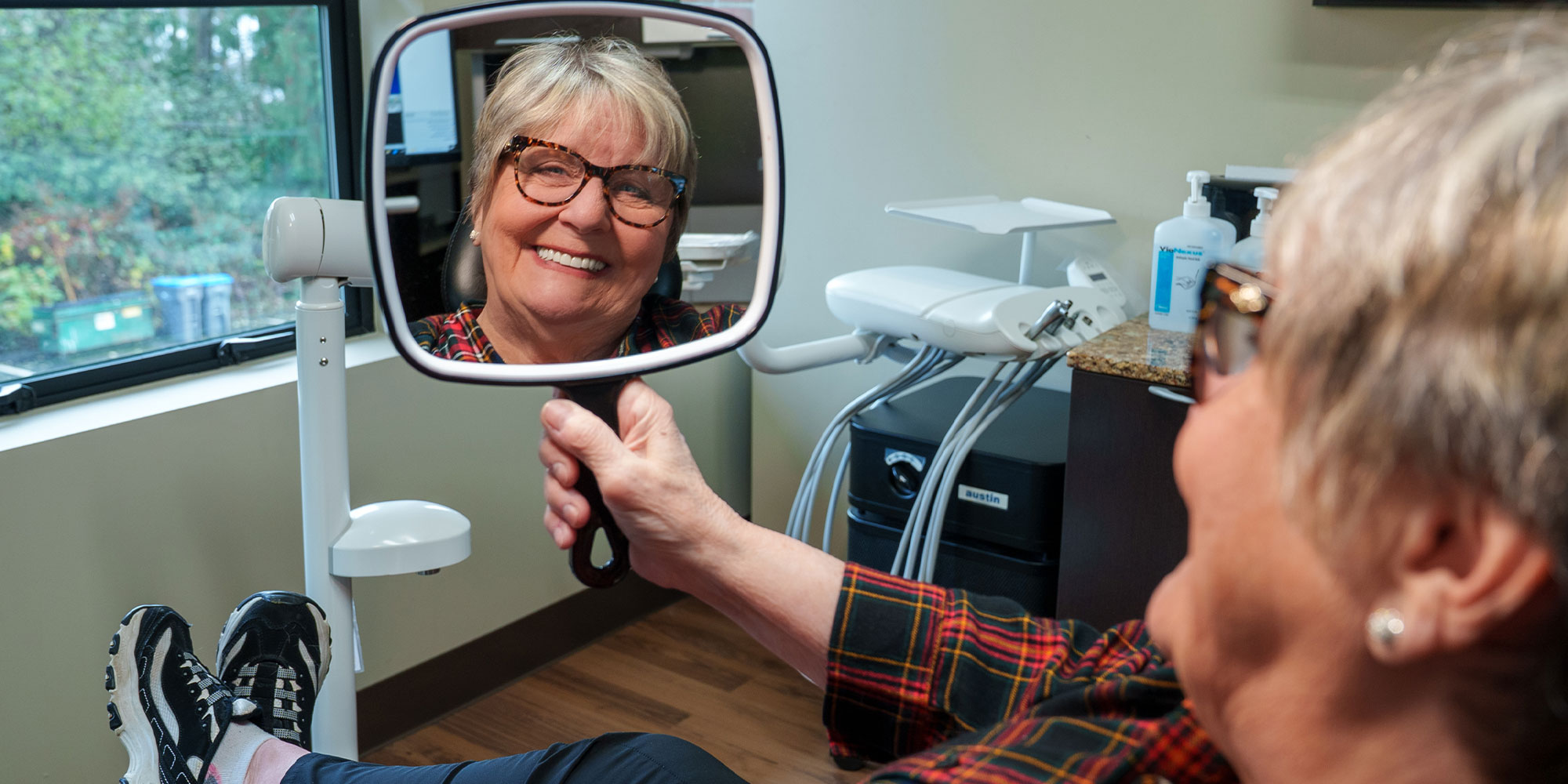Patient looking into mirror